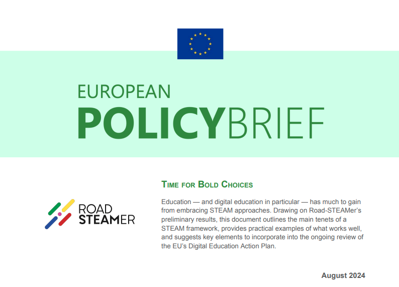 Front page of the policy brief, with the EU flag and "European Policy Brief" on a green background, the Road-STEAMer logo, and the title "Time for Bold Choices" followed by a short abstract